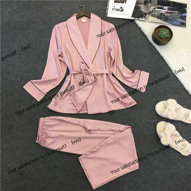 

Women's imitation silk pajamas lapel casual silk loungewear long sleeves trousers two-piece set