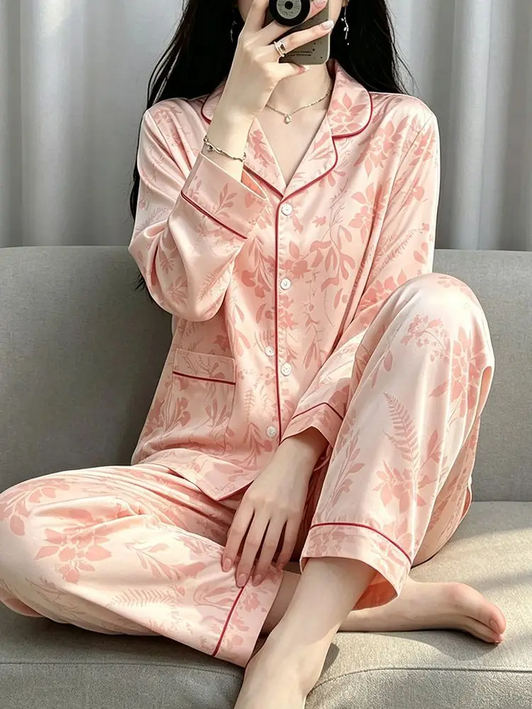 Women's Satin Pajama Set Long Sleeve Full Length Pants Soft Sleepwear Button Down Lapel Floral Print 2 Piece Loungewear Homewear