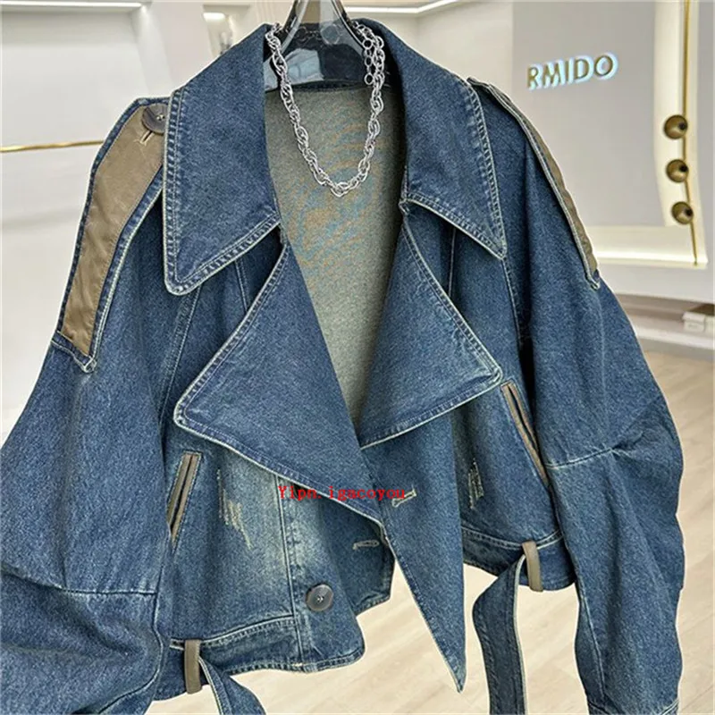 Spring Autumn Vintage Short Denim Jacket Women 2024 New Patchwork Leather PU Jeans Coat Fashion Loose Outwear Streetwear B286