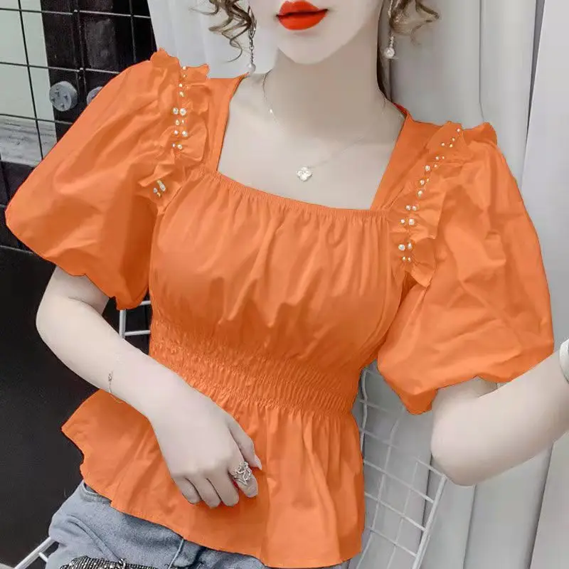 Summer Pullover Chiffon Puff Short Sleeve Square Collar Solid Color Embroidered Flares T-shirt Elegant Women\'s Clothing Tops