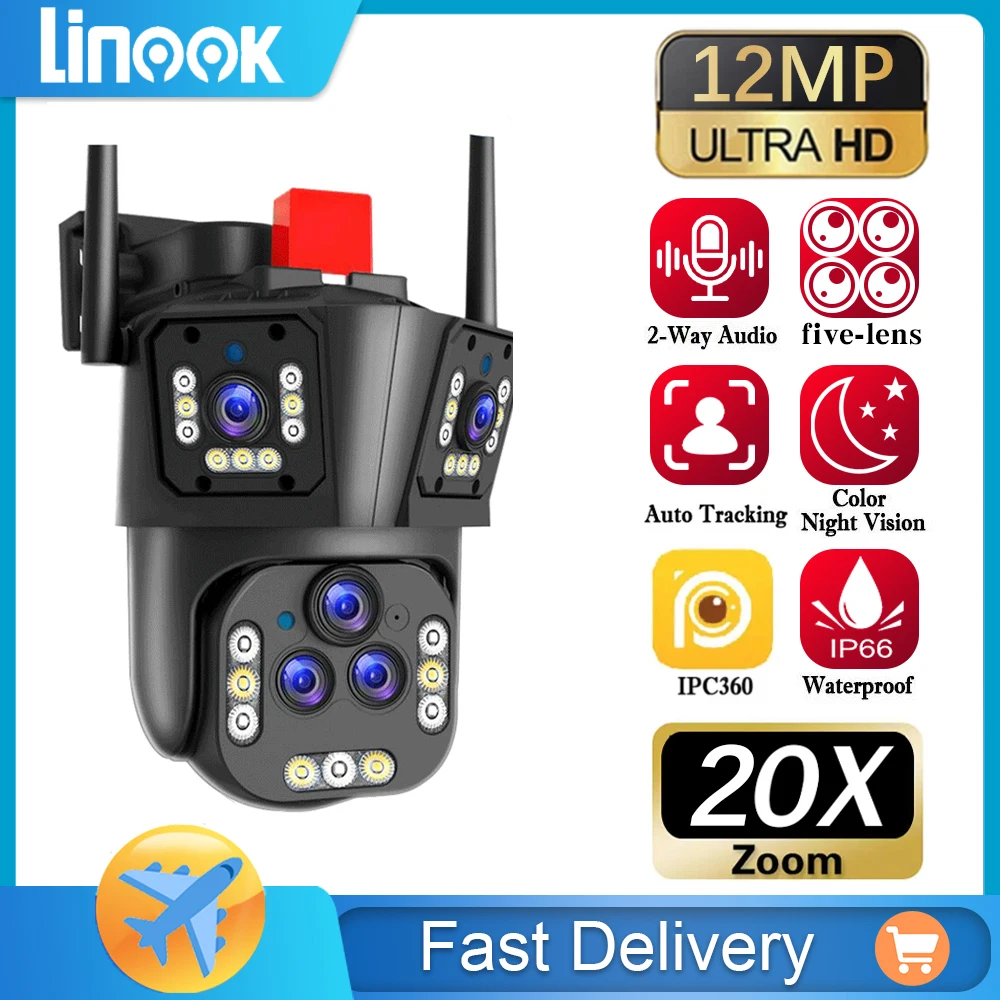 

Linook 5 lens, 20MP 8K 20X optical zoom CCTV wireless CCTV outdoor, WIFI mobile tracking waterproof IP66 security camera