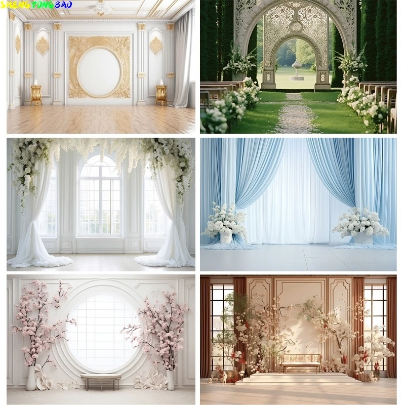 

Aesthetic Flower Wreath Decoration Indoor White Background Fantasy Wedding Curtain Photography Backdrop Photo Studio Props SG-10