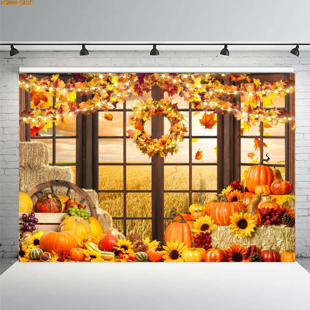 

Fall Scenery Photography Backdrop Rustic Wooden Door Barn Harvest Autumn Pumpkins Maple Leaves Sunflower Party Decor Background