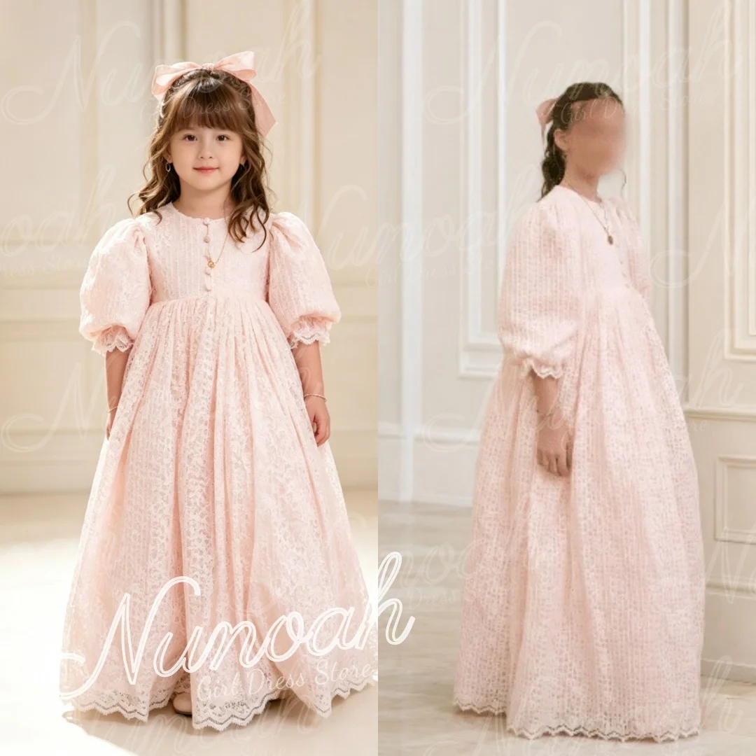 Pink Milk Lace Flower Girl Dresses for Wedding Button Long Length Elegant Baptism Formal Gown First Communion Gowns Customized