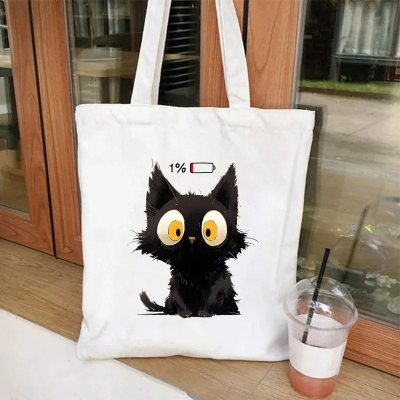 Cartoon Black Cat Women Tote Bags Eco Canvas Shoulder Bags Shopper Handbag Lady PortableTravel Storage Fashion Girl Handbags