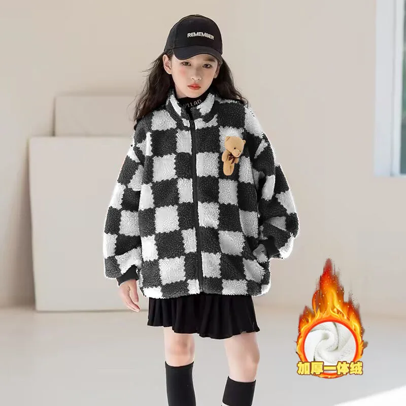 ZOETOPKID Children's Sets Autumn and Winter Checkerboard Loose Cardigan Sweater + Pleated Skirt Girls 2 Piece Set and Outfits