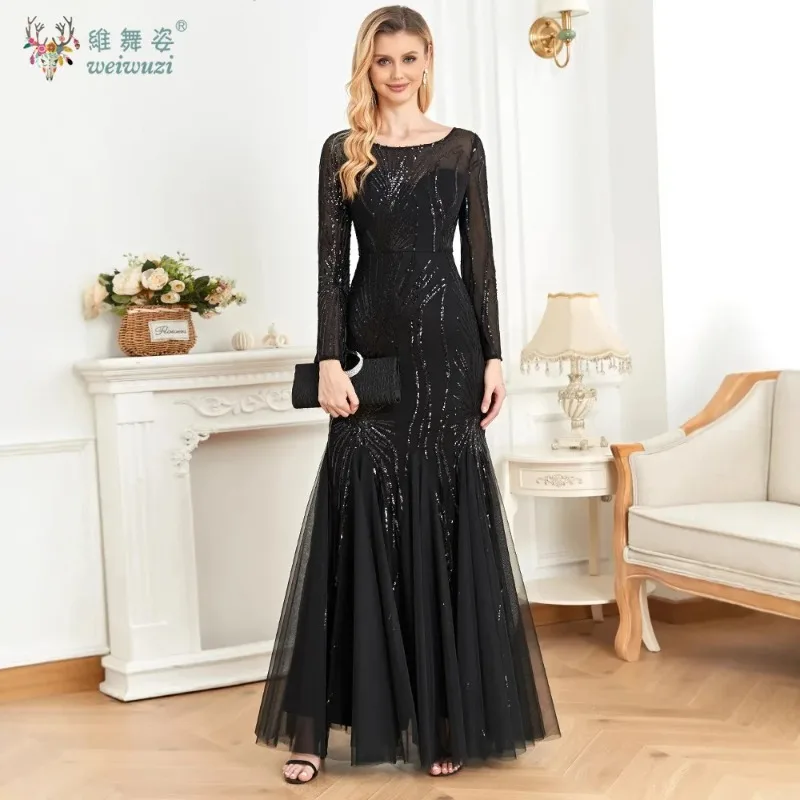 

Elegant O Neck Long Sleeves Sequins Bead Embroidery Tulle Evening Dresses Luxury Mermaid Floor Lenght Formal Occasion Dress