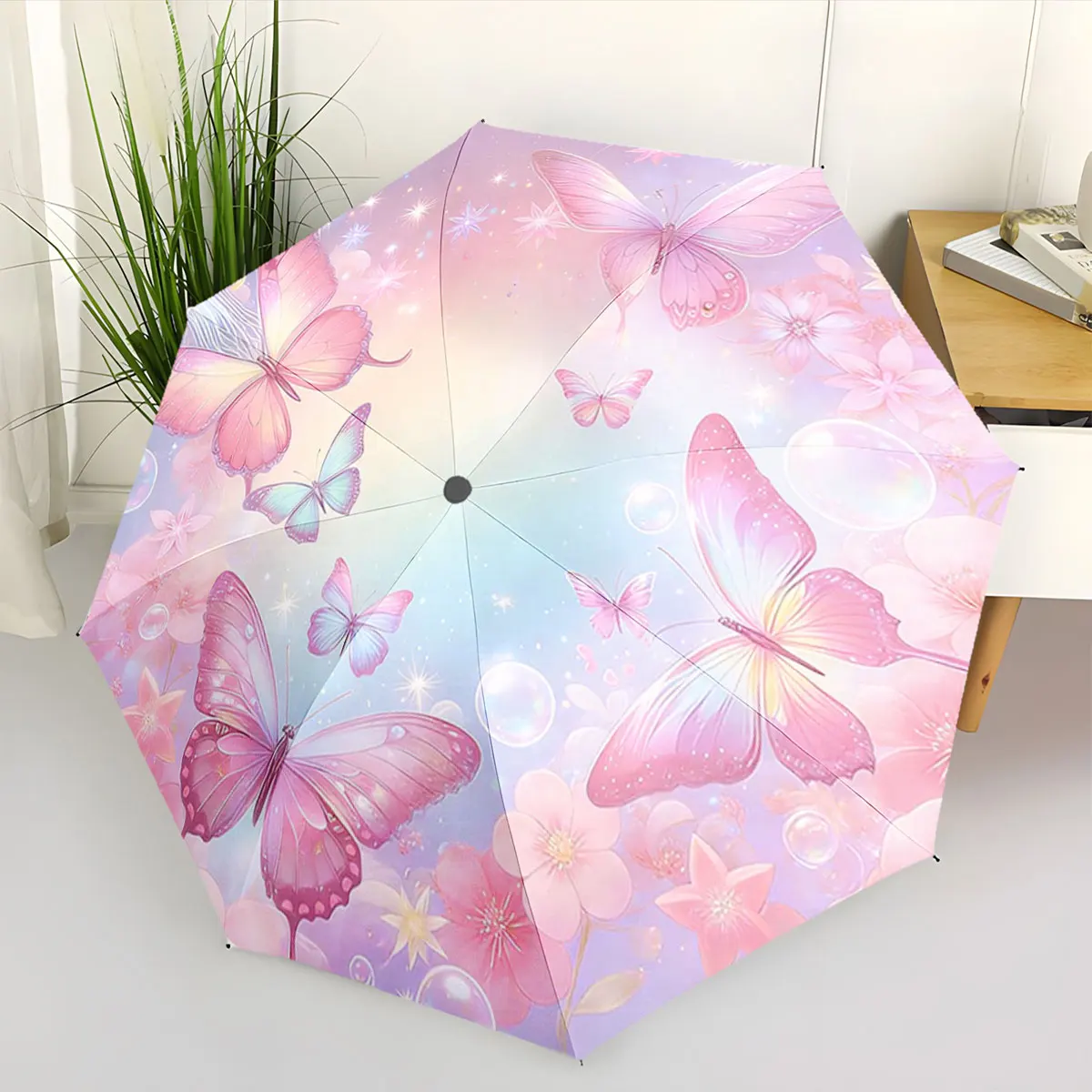 1PC Butterfly Elegance on Soft Pastel Umbrella Print 8 Iron Ribs Folding Umbrella Auto-Open Fashion Sunshade