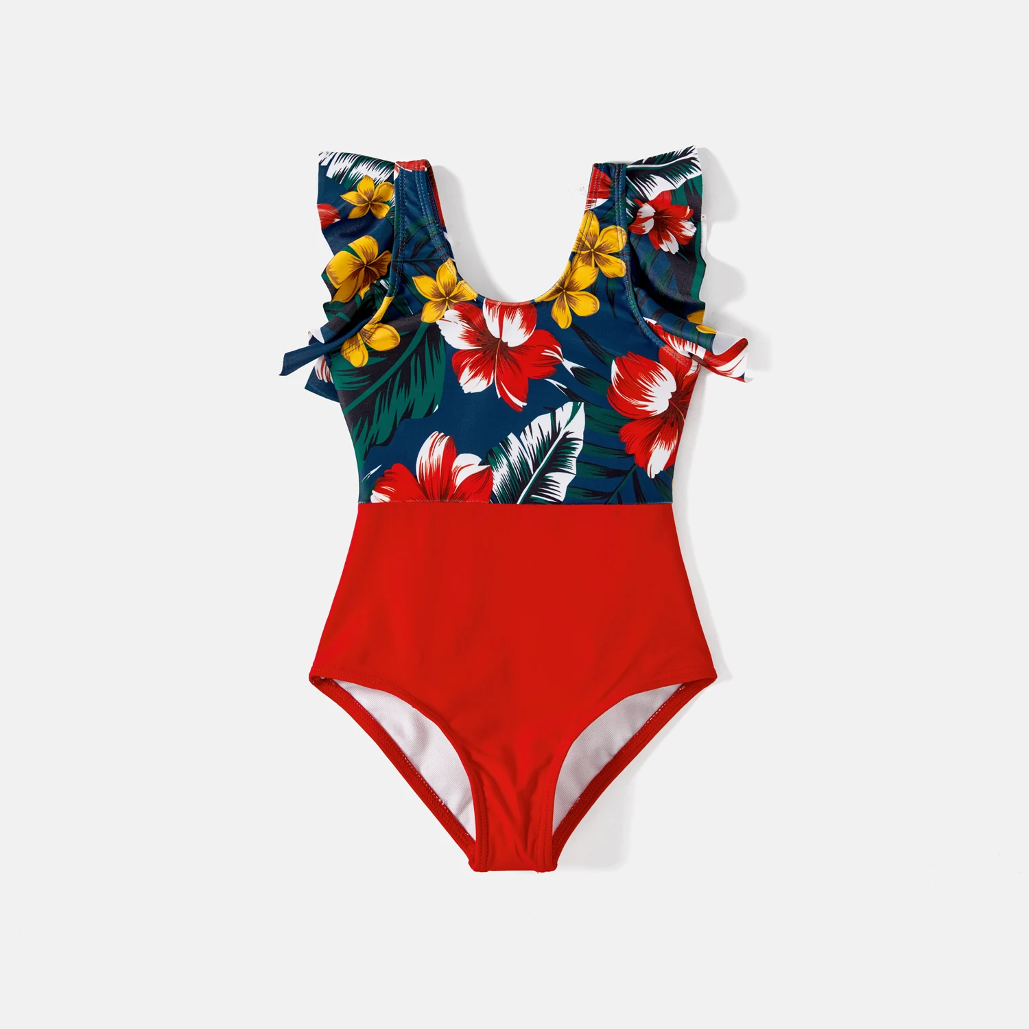 PatPat Family Matching Swimsuit Floral Print & Solid Spliced Ruffle Trim One-piece Swimsuit and Swim Trunks