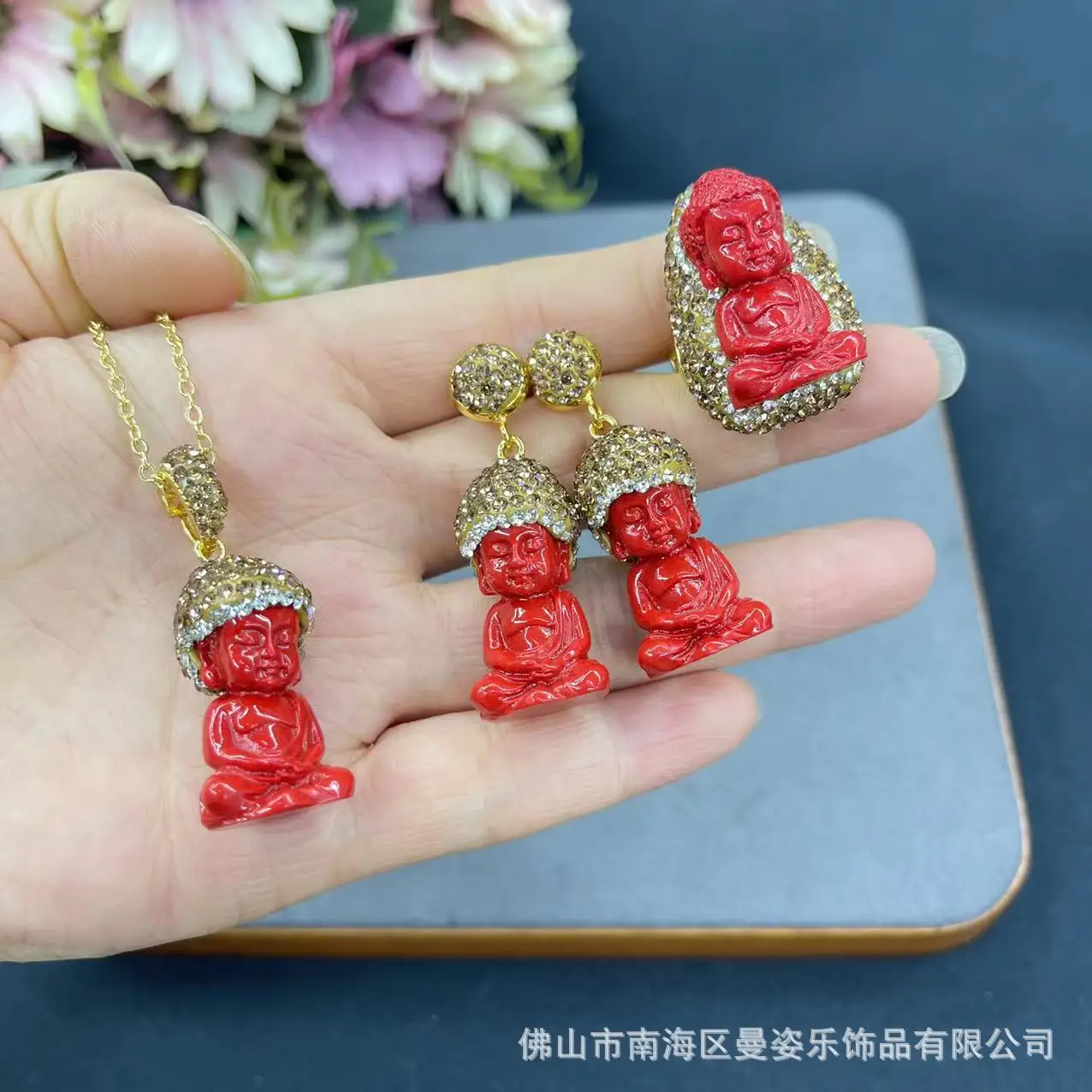 

DIY accessories New Synthetic Cinnabar Baby Buddha Pottery Mud Three-piece Set New Chinese Medieval Jewelry Buddhist Girl Person