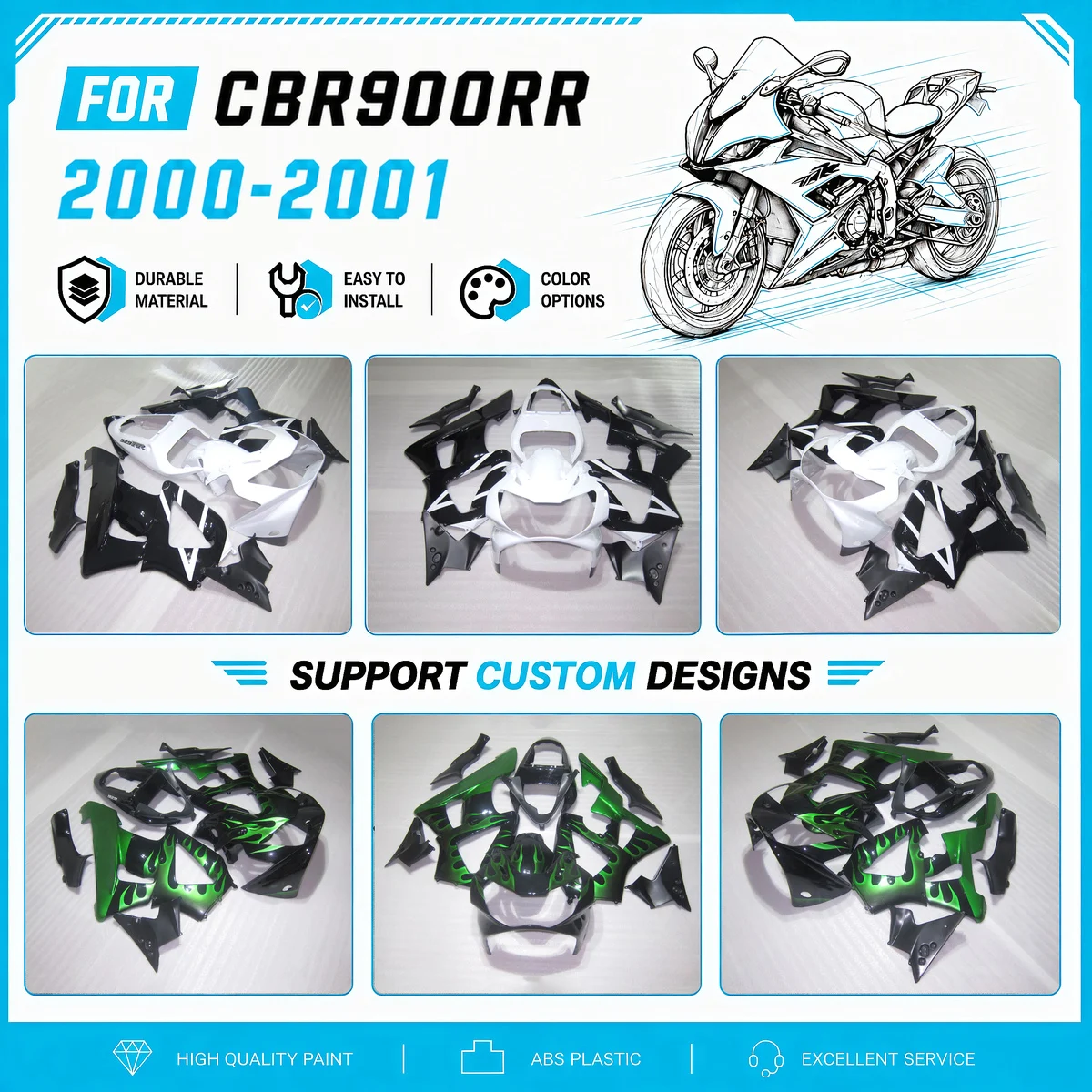 Aftermarket Replacement Fairings for 2000 2001 CBR929RR 900RR 00 01 Pre-Drilled Holes Fairing Set Plastic Kit