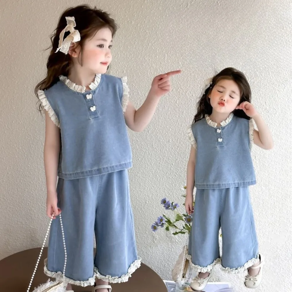صيف جديد النسخة الكورية الدانتيل المرقعة تقليد سترة جينز وسراويل قطعتين مجموعة 2-7 سنوات القوس ملابس الفتيات عادية #1