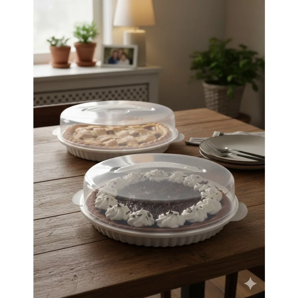 

2-Pack Plastic Pie Carriers with Lids - Fits 10” Pies – Freezer Safe, Slide Lock, Built-in Handle - Pie Storage & Transport Set