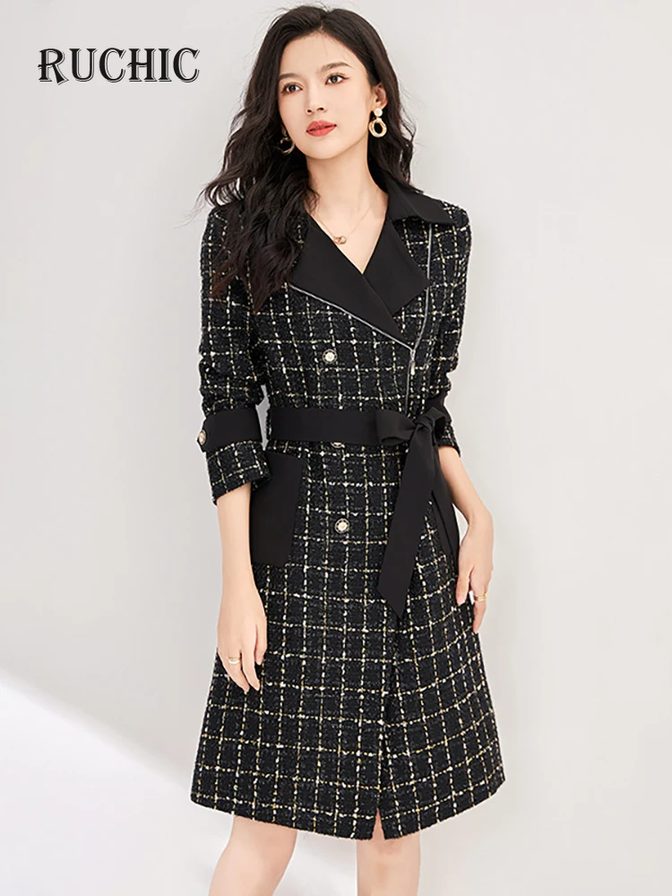 

RuChic Autumn 2024 Women Fashion Dress Notched Collar Long Sleeve Tweed Double Breasted Lace-up Waist Elegant Dresses