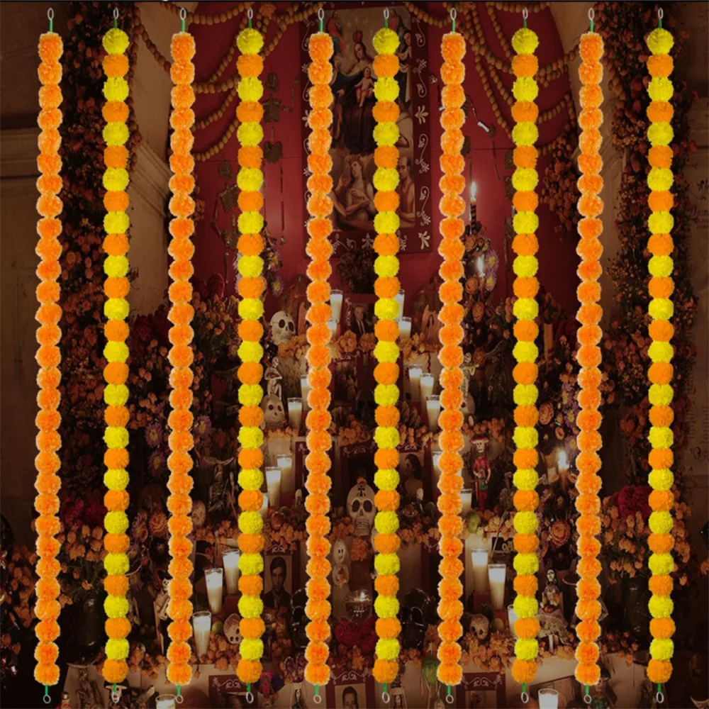 Marigold Garland 1.5m/5 feet Long Strands Artificial Marigold Flowers Indian for Pooja Wedding Halloween Christmas Events Decor