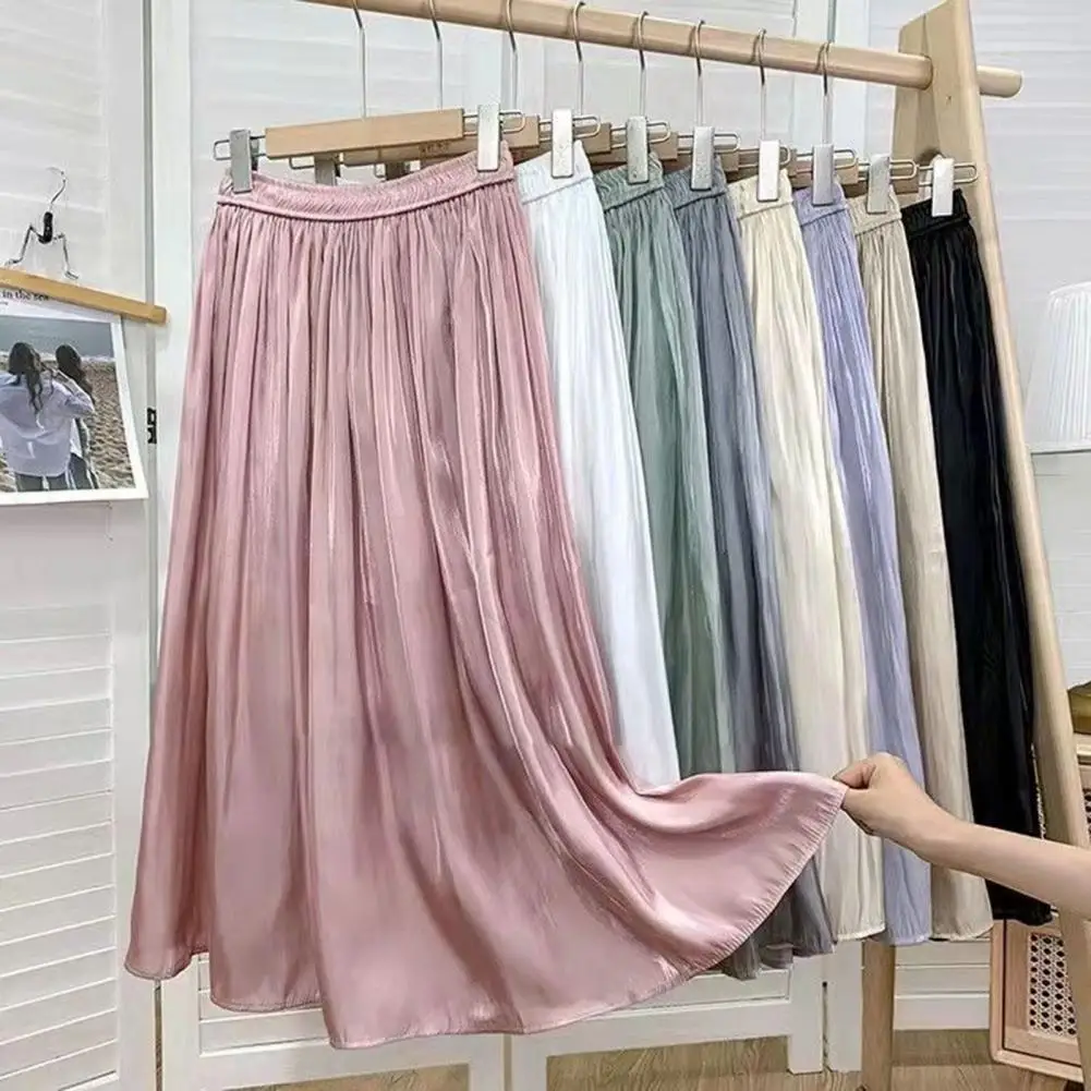 Women Spring Autumn Elegant Chic Solid Pleated Skirt High Waist Luxury Fashion With Elastic Female Glossy Chiffon Satin Skirt