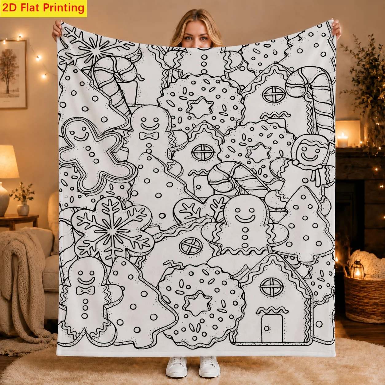 1pc 2D Flat Christmas Cookie Line Art Blanket, Soft & Machine Washable, for Sofa, Bed, Office, Camping, Holiday & Birthday Gift