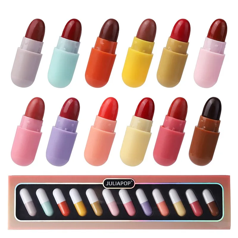 12color/Set Cute Mini Capsule Lipstick Long Lasting Waterproof Non-stick Cup Lipstick Matte Velvet Pill Lipstick Set Makeup Tool