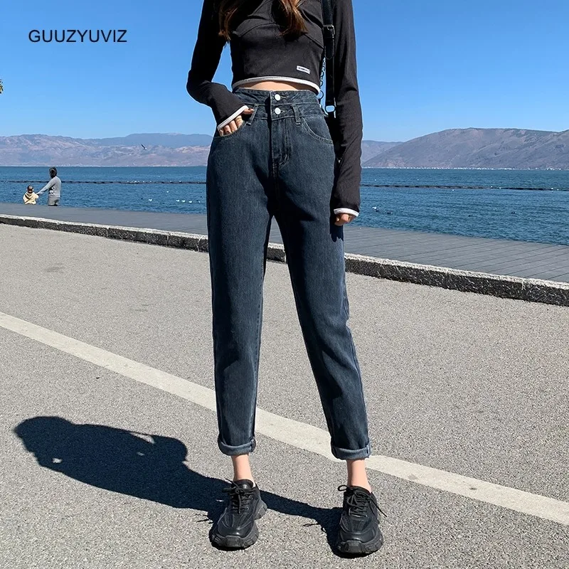 

GUUZYUVIZ Harun Jeans Women's Double Button High Waist Harem Pants Female Loose Casual