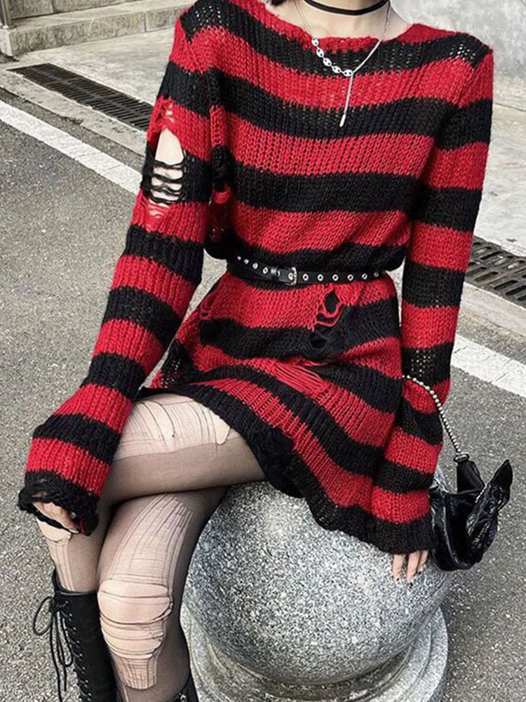 Punk Gothic Striped Sweater Women Harajuku Hollow Out Hole Broken Jumper Female Autumn Fashion Loose Long Sleeve Knitted Sweater