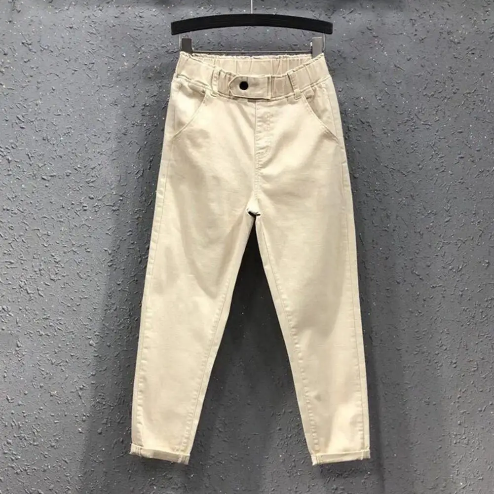 Women Casual Pants Mid-rise Elastic Waist Harem Trousers Solid Color Wide Leg Long Pants with Pockets Streetwear
