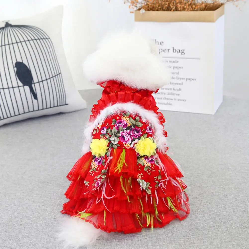 Dog Dresses Dress-up Button Closure Dogs Tulle Princess Dress Chinese Style Flower Pattern Puppy Tang Costume For Outdoor