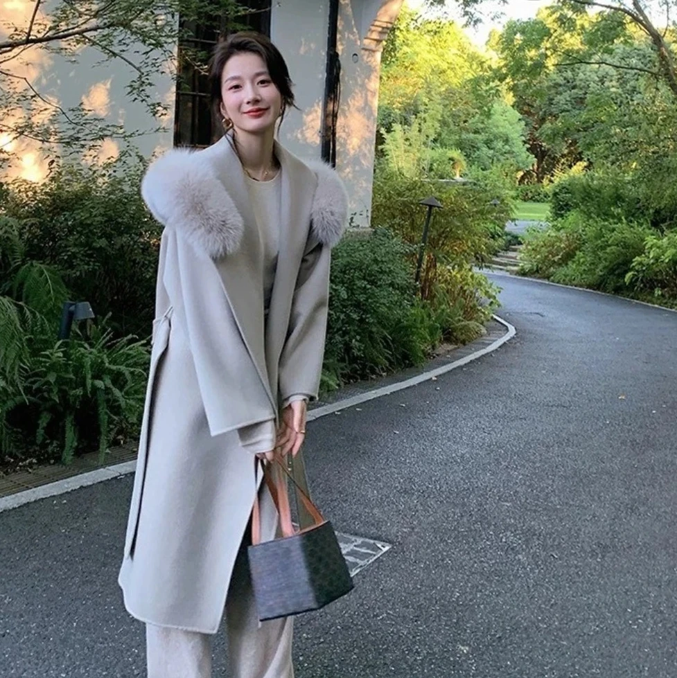 

Autumn Winter New Fashion French Lazy Hooded Double Faced Cashmere Coat Mid Length Real Fox Fur Collar Wool Warm Coat Women