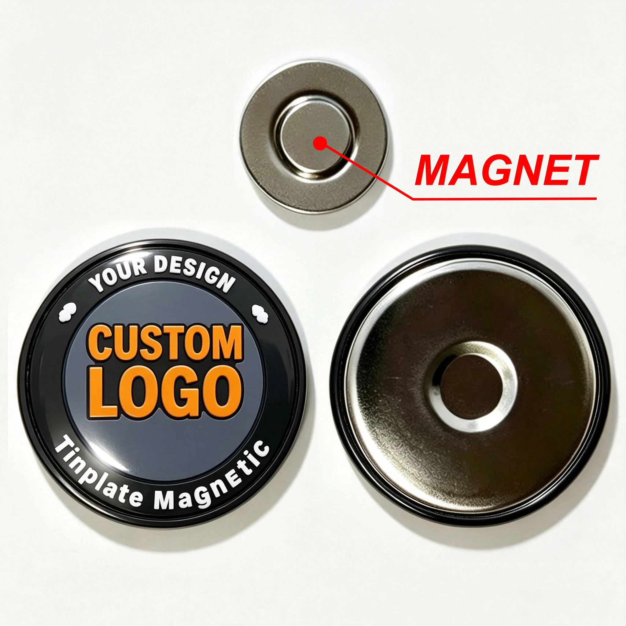 Custom round Magnetic Badges Tinplate Material Personalized Chest Badges with Images Logos Or Designs No Minimum Order