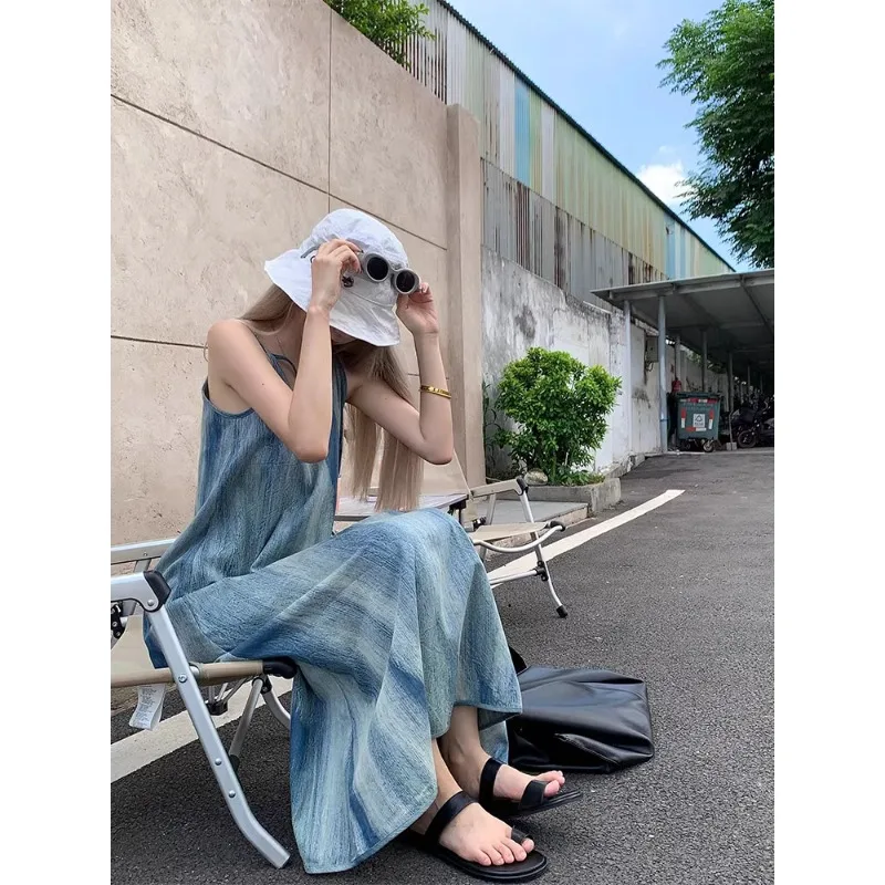 Camis Dress Striped Sleeveless Off Shoulder A-line Long Dresses Vintage Thin Hot Girls Korean Style Skirts Summer Preppy Clothes