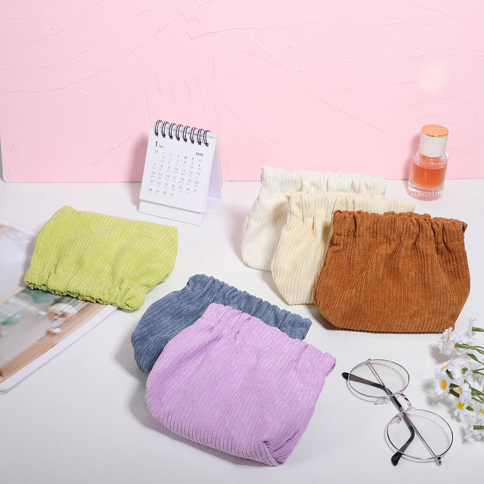 

6 Pcs Bag Corduroy Makeup Bags Women Jewelry Travel Elastic Storage Coffee Purple Blue Green Yellow White