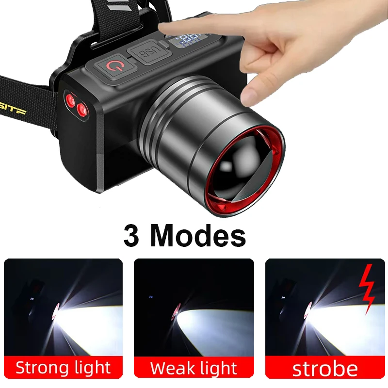 المصابيح الأمامية LED القابلة لإعادة الشحن، تكبير قابل للتعديل، المصابيح الأمامية المقاومة للماء، المصابيح الأمامية الأمامية، المصابيح الأمامية فائقة السطوع للتخييم