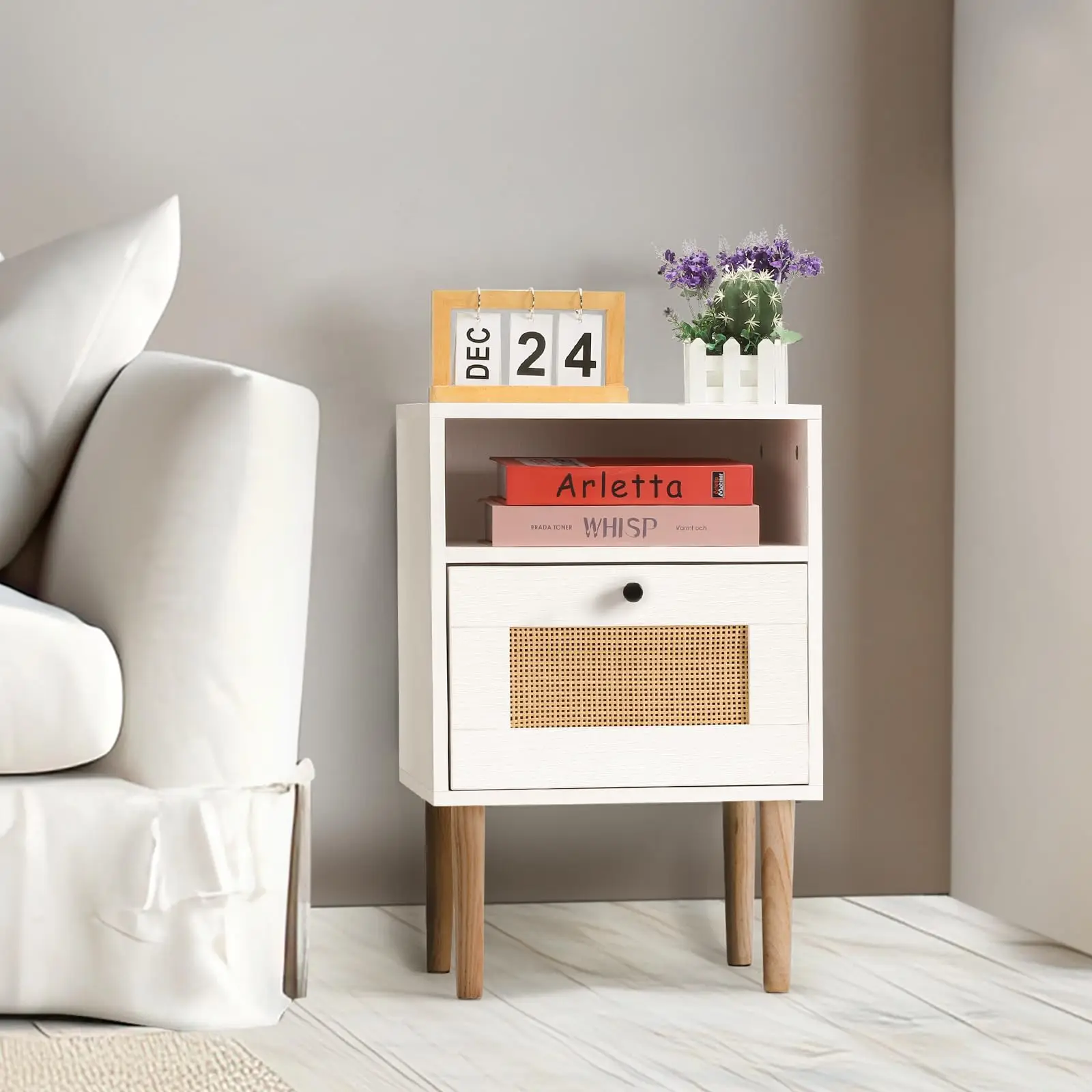 Modern Bedside Table with Rattan Drawer, Bed Side Table with Storage Shelf & Solid Wood Feet, End Table