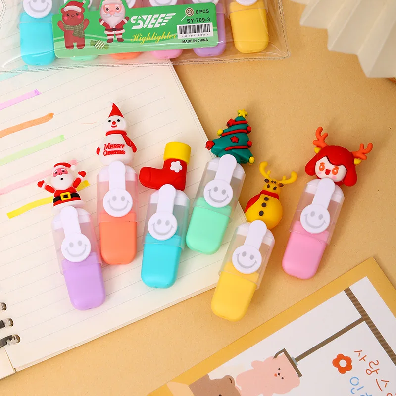 

6Pcs Cute Christmas Mini Highlighters Set Kids Stationery Students Drawing Painting Tool School Supplies Christmas Gift