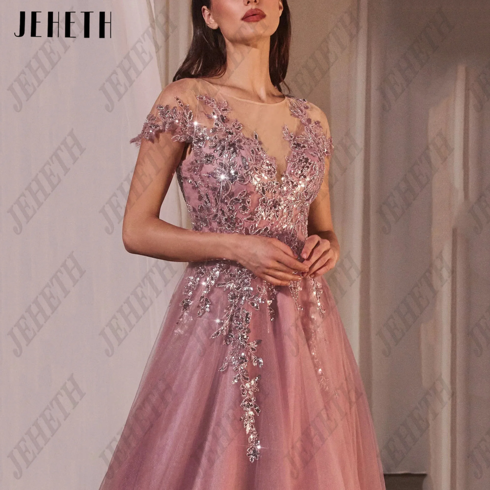 Jeheth A-Linie lange Ballkleider o Hals Kurzarm Tüll bestickte Spitze Homecoming Party kleid Abendkleid angepasstJEHETH A-Linie Lange Prom Kleider O-Ausschnitt Kurzarm Tüll Bestickte Spitze Homecoming Party Kleid Abend – Detail 11