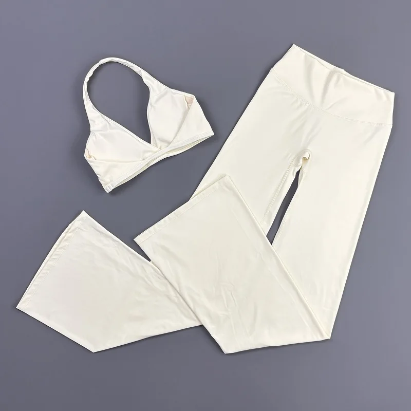 2-teiliges Origin Flares Hosen-Set: Neckholder-Sport-BH mit V-Ausschnitt, hochelastische, atmungsaktive Yoga-Schlaghose, Fitness-, Lauf- und Trainings-Set – Detail 8