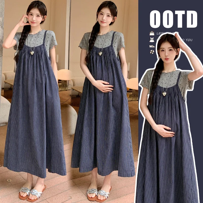 

2025 New Pregnancy Outfit Trendy Polka Dot Top with Strapless Striped Dress Comfortable Maternity Two Piece Summer Wear