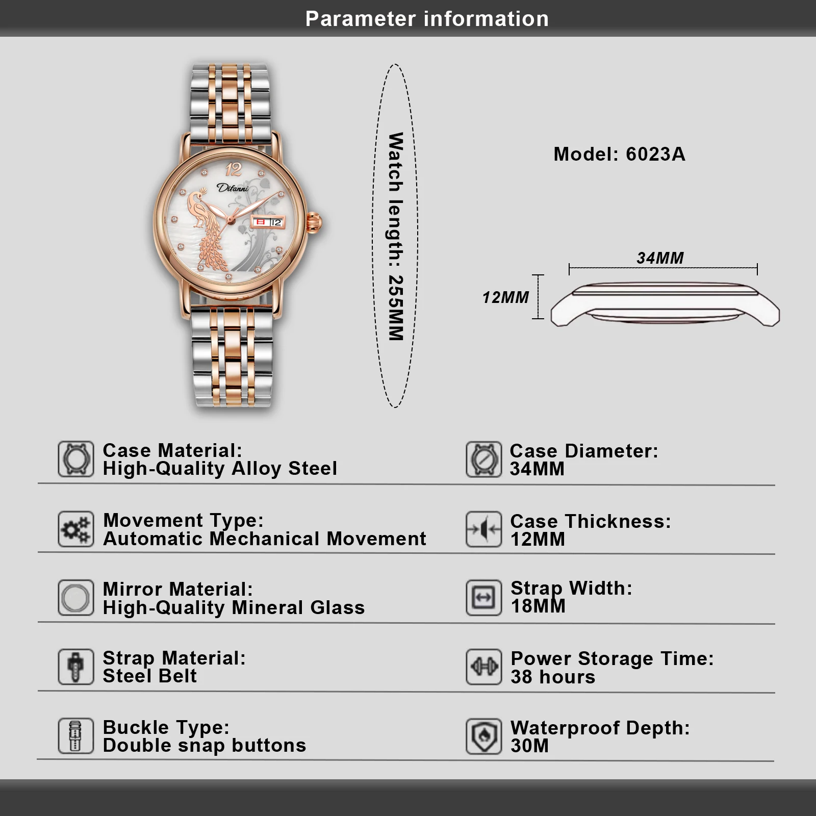 Difanni Mechanical Movement Woman Watch Simple Elegant Calendar Week Luxury Rose Gold Strap Waterproof Ladies Dress Wristwatch
