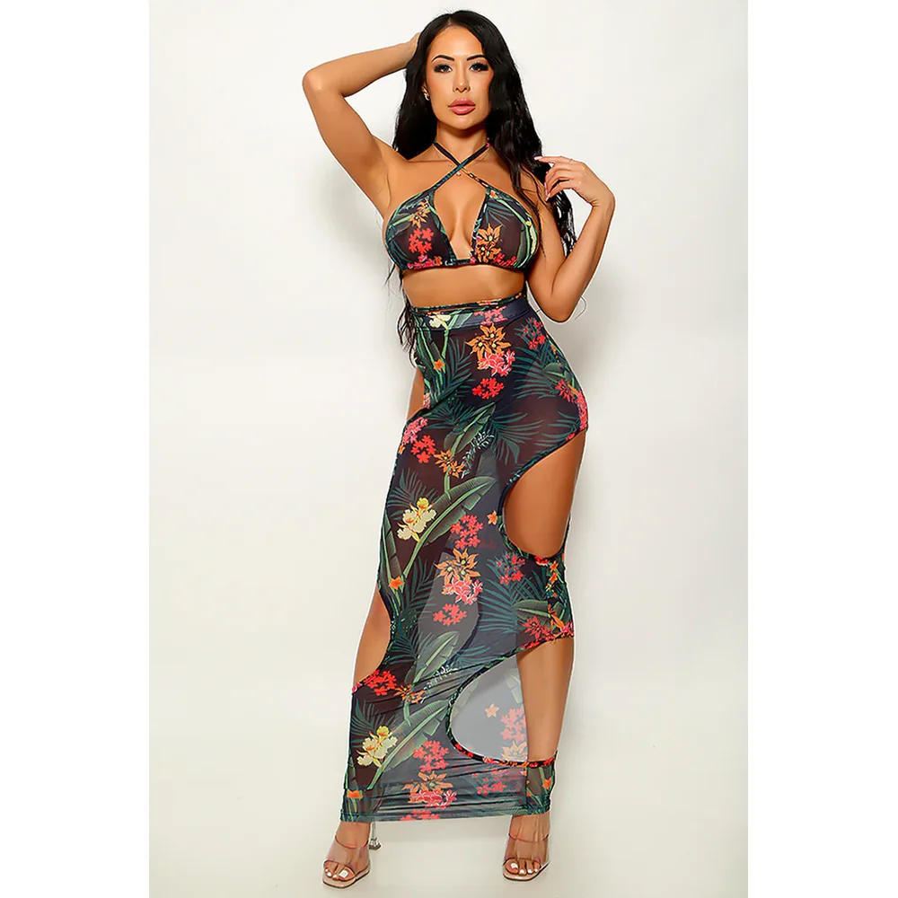 Tie Dye Print See Though Bikinis Set for Women Summer Cut Out Midi Maxi Skirt 3 Piece High Waist Swimsuit Beach Style