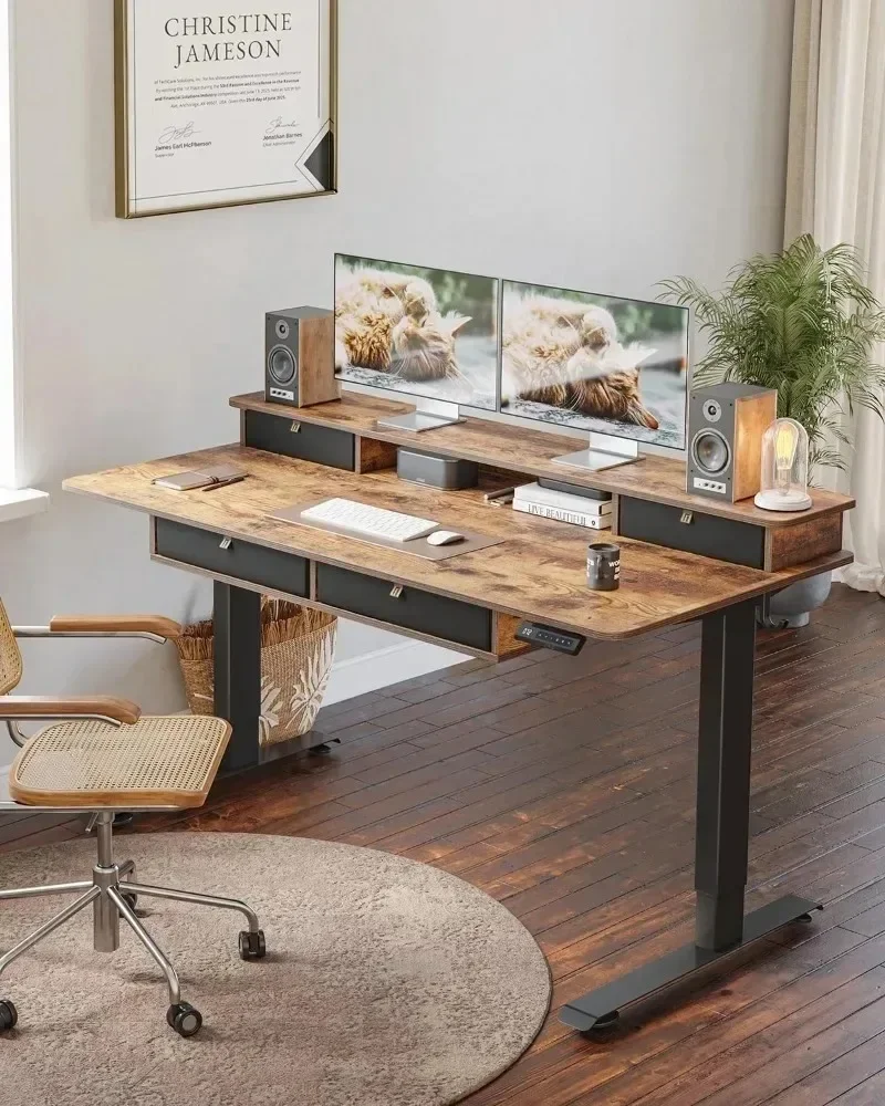FEZIBO Standing Desk with Drawers, Height Adjustable Electric Workstation, Computer Sit Stand Up Table with Large Storage Shelf