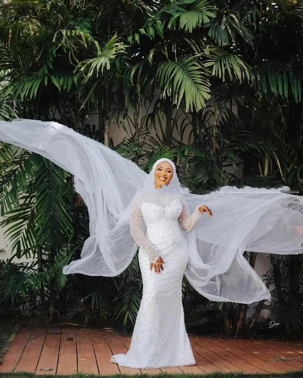 تخصيص كامل بلورات الخرز حورية البحر فستان الزفاف Vestidos De Novia الوهم طويلة الأكمام حديقة أثواب الزفاف الأفريقية