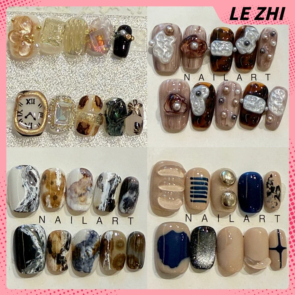 

Handmade Short Square Round Press On Fake Nails Maillard Rhinestone Pearl Cat Eyes Flowers Detachable Nails Party Stickers