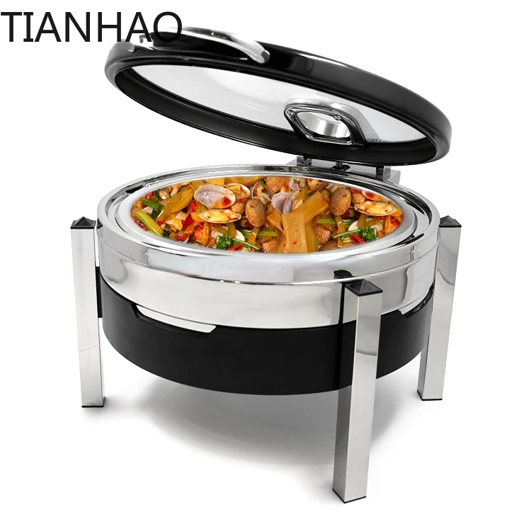 buffet equipment hydraulic round chafing dish 304 stainless steel visible glass lid chaffing dish