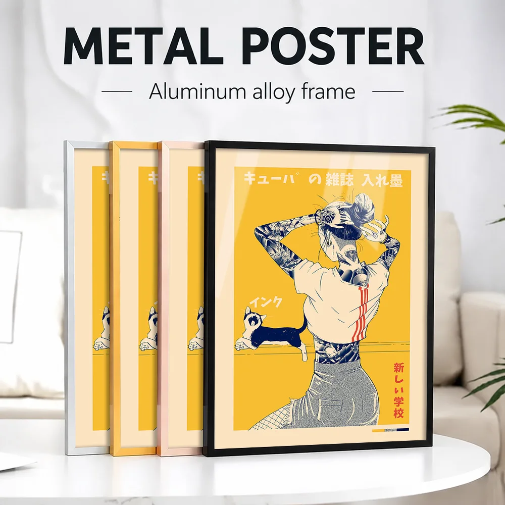 Japan Tattooed Woman Featuring Cat Framed Metal Print Customized Photo Vibrant Ink Style Wall Art For Apartment Collector Gift