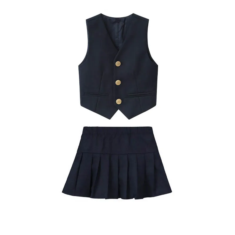 100-180 Big Boys Girls Spring Vest Pants Skirt School Uniform Kids British Style Performance Suit Children Kindergarten Costume