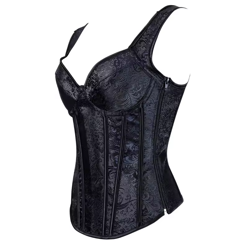 Women Corset with Straps Black Overbust Corset Plus Size Floral Jacquard Corset Zipper Top Gothic Steampunk Corset Bustier - Image 2