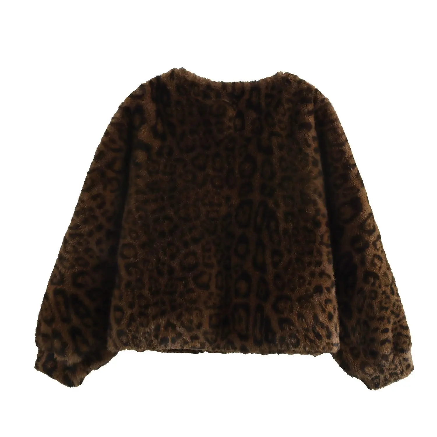 CHILL Winter Zip Up Coffee Dot Leopard Shaggy Faux Fur Coat Women O neck Lantern Sleeve Drawstring Hem Loose Hairy Outerwear