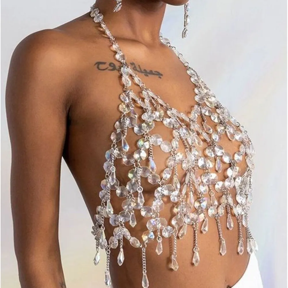 Sexy Transparent Crystal Acrylic Tank Top for Women Trendy Hollow Out Backlesss Halter Solid y2k Diamonds Nightclub Crop Tops