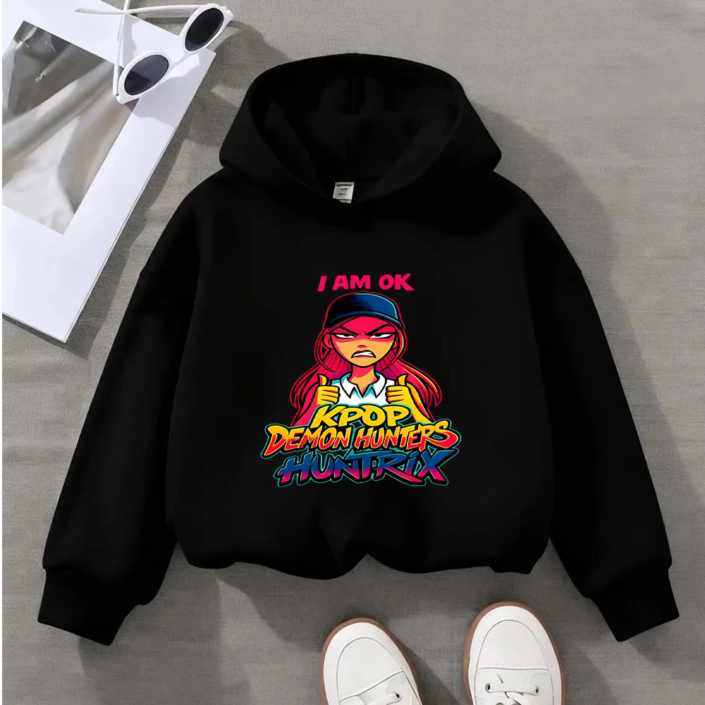 سترة بغطاء للرأس للأطفال من Kpop Demon Hunters Huntrix I Am OK، سترة للأطفال ذات طابع كرتوني رائع، بلوفر كاجوال للأطفال الصغار