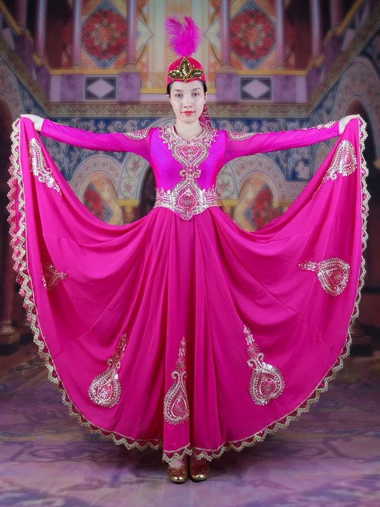 Xinjiang dance performance high-end dress set, ethnic characteristic dance dress, Uyghur women's big swing dress 1 piece