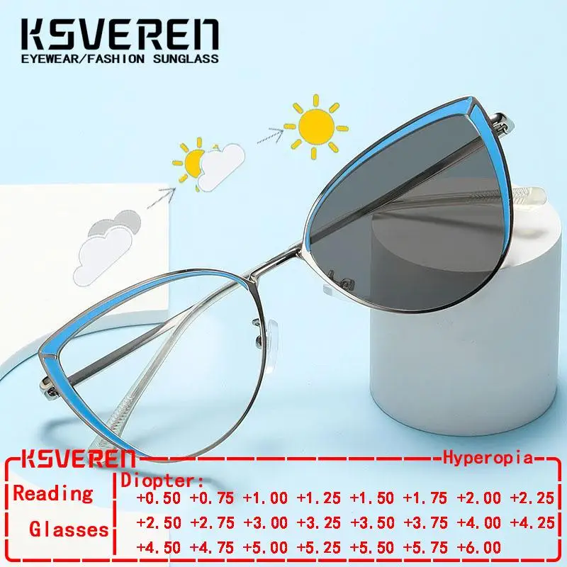 

Women Photochromic Reading Glasses Cat Eye Design Colorful Alloy Frame Outdoor Color Changing Lenses Presbyopic Eyewear +1.5 2.0